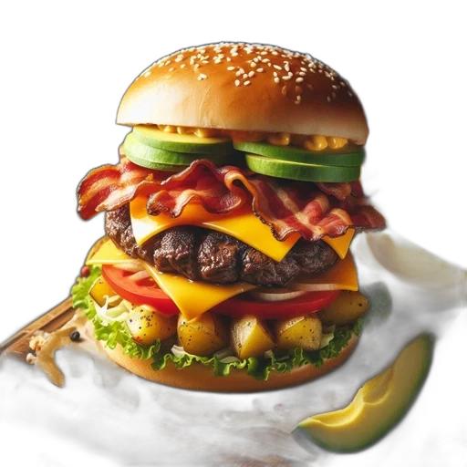 food, animal, photorealistic, 3d render, concept art, oil painting, burger, sesame transparent PNG cut-out