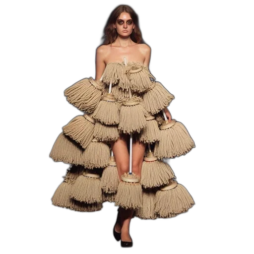 dress, jacket, hair, earth tones, model, wears, unconventional, created transparent PNG cut-out