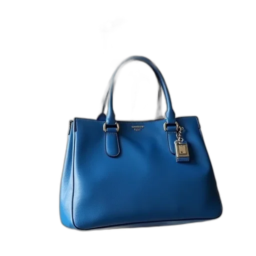 blue, leather, handbag, white, interior, silver, hardware, displayed transparent PNG cut-out