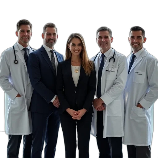 staff, group, five, people, standing, front, window, left transparent PNG cut-out