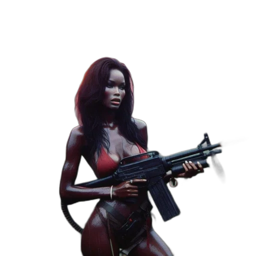 weapon, concept art, comic book art, cyberpunk, pixel art, rainy, field, woman transparent PNG cut-out
