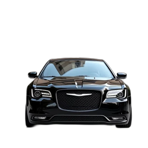 car, photorealistic, 3d render, concept art, black, chrysler, parked, front transparent PNG cut-out