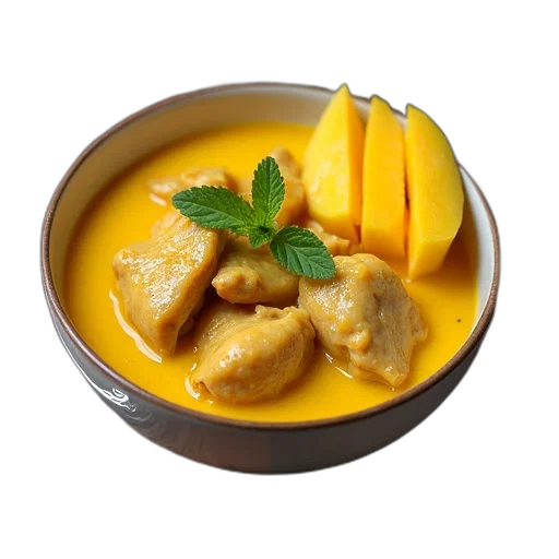 food, bowl, yellow, curry, chicken, piece, mango, text transparent PNG cut-out