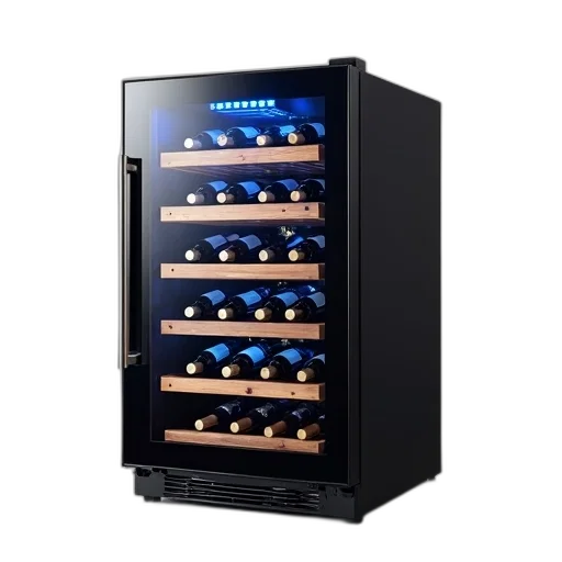 wine, cooler, black, exterior, blue, led, lighting, displayed transparent PNG cut-out