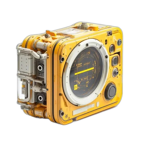 weapon, robot, 3d render, concept art, photorealistic, complex, yellow, device transparent PNG cut-out