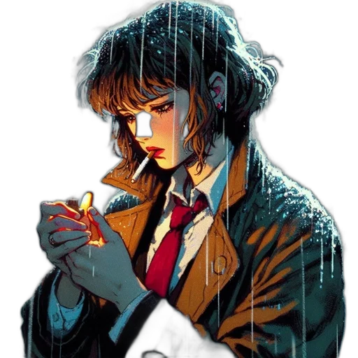 jacket, face, comic book art, cyberpunk, concept art, anime, neon lights, rain transparent PNG cut-out