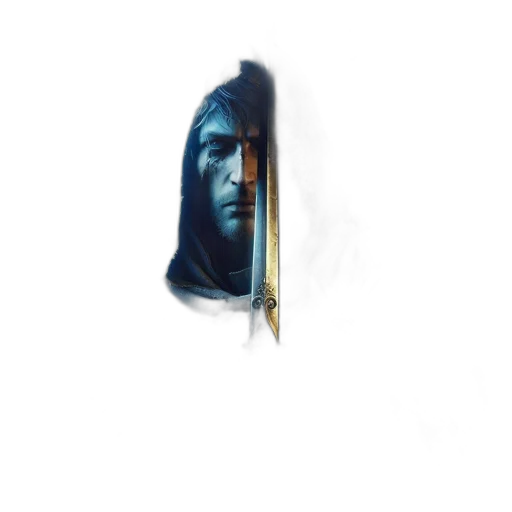 mask, sword, face, jacket, concept art, photorealistic, 3d render, fantasy art transparent PNG cut-out