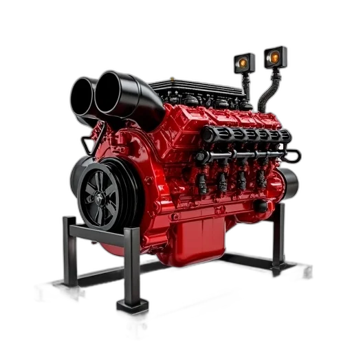 red, diesel, engine, black, components, displayed, white, background transparent PNG cut-out