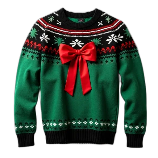 close-up, green, black, christmas, sweater, festive, design, featuring transparent PNG cut-out