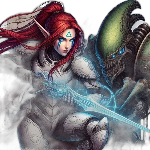 fantasy art, concept art, comic book art, elf-like, figure, glowing, armor, blue transparent PNG cut-out