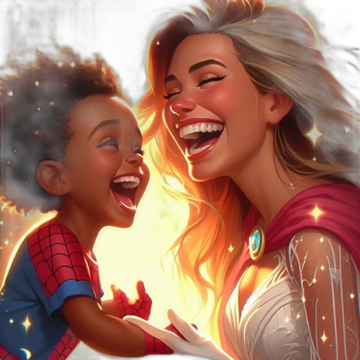 comic book art, concept art, fantasy art, photorealistic, two, children, laugh, warmly transparent PNG cut-out