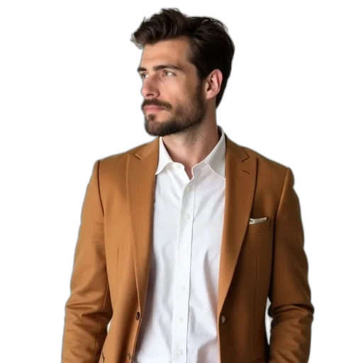 jacket, staff, face, earth tones, golden, colorful, dark, man transparent PNG cut-out