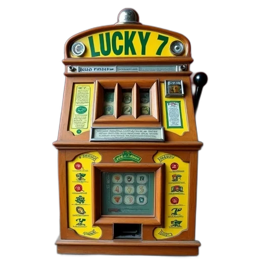 vintage, wooden, slot, machine, lucky, sign, top, displayed transparent PNG cut-out