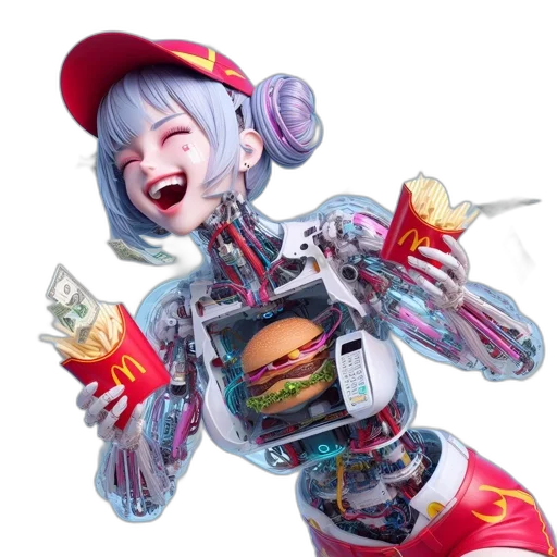 robot, food, weapon, creature, concept art, vaporwave, cyberpunk, 3d render transparent PNG cut-out