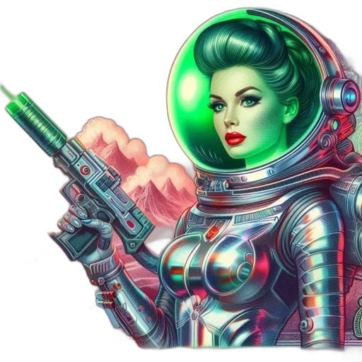 robot, weapon, comic book art, concept art, cyberpunk, pixel art, outer space, green transparent PNG cut-out