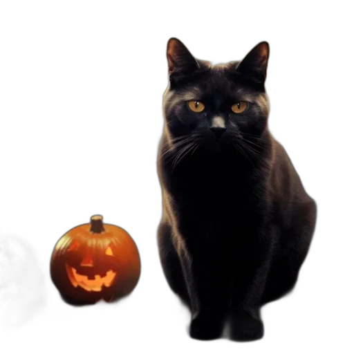 animal, photorealistic, black, cat, yellow, eyes, sits, among transparent PNG cut-out