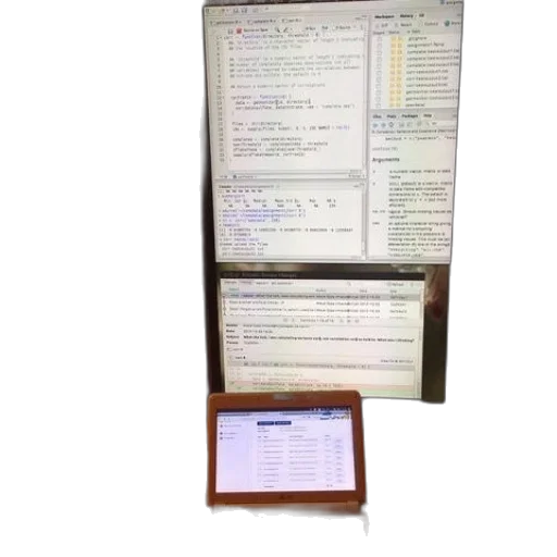 staff, laptop, connected, large, monitor, displaying, multiple, windows transparent PNG cut-out