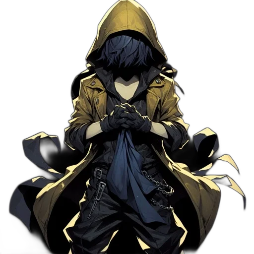 mask, jacket, weapon, staff, concept art, pixel art, comic book art, dark transparent PNG cut-out