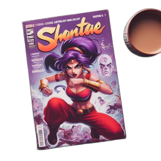 comic book art, wooden, table, lies, open, copy, shantae, featuring transparent PNG cut-out