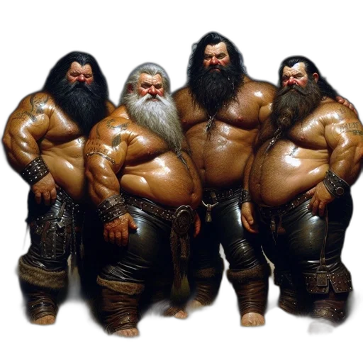concept art, fantasy art, 3d render, photorealistic, four, strong, tattooed, men transparent PNG cut-out