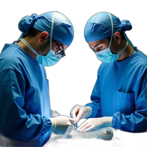 staff, two, surgeons, blue, scrubs, surgical, masks, performing transparent PNG cut-out