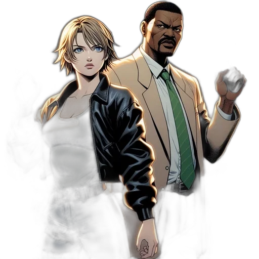 jacket, comic book art, concept art, cartoon, pixel art, fog, two, individuals transparent PNG cut-out