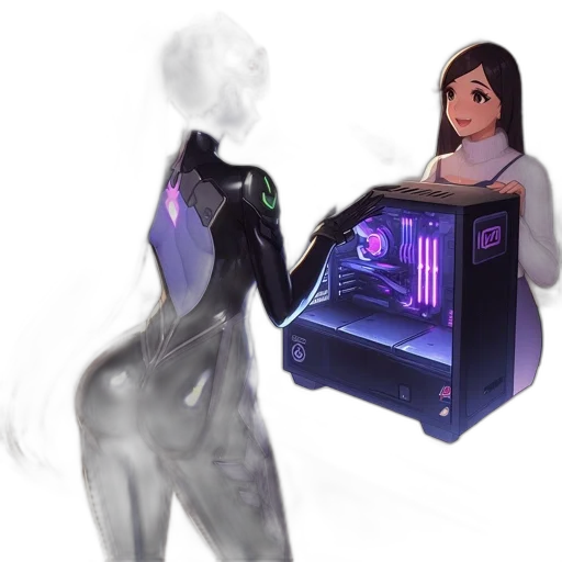 robot, dress, creature, weapon, concept art, cyberpunk, vaporwave, 3d render transparent PNG cut-out
