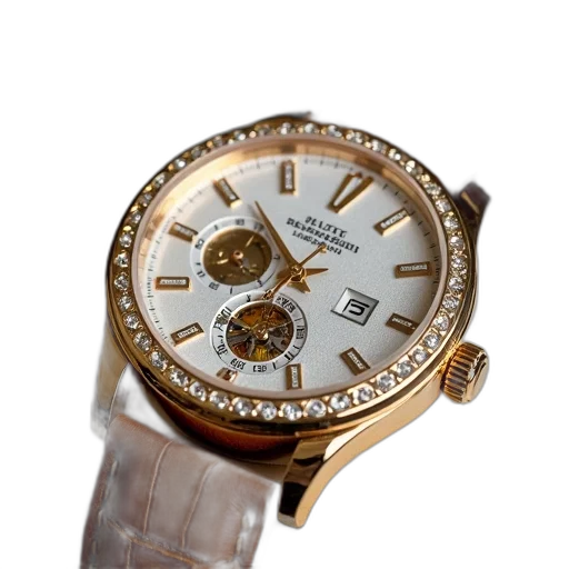 jewelry, close-up, luxurious, gold, white, wristwatch, diamond-studded, bezel transparent PNG cut-out