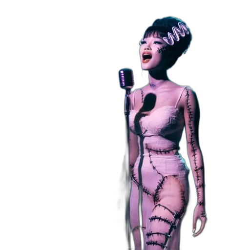 dress, robot, concept art, 3d render, vaporwave, pixel art, neon lights, woman transparent PNG cut-out