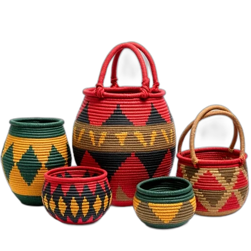 collection, colorful, woven, baskets, displayed, against, white, background transparent PNG cut-out
