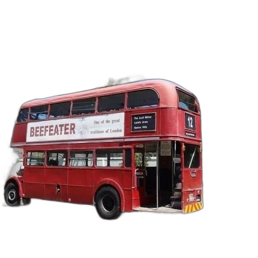 3d render, photorealistic, red, double-decker, bus, word, beefeater, parked transparent PNG cut-out