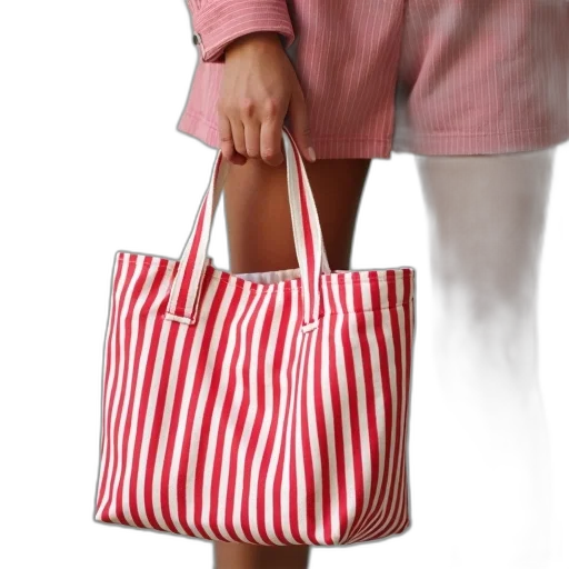 3d render, photorealistic, red, woman, holding, white, striped, tote transparent PNG cut-out