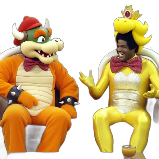 concept art, two, costumed, characters, one, resembling, bowser, another transparent PNG cut-out