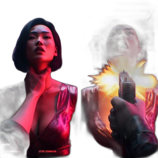 weapon, jacket, concept art, cyberpunk, comic book art, photorealistic, fire, neon lights transparent PNG cut-out