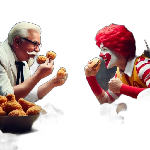 food, 3d render, concept art, photorealistic, two, iconic, fast-food, mascots transparent PNG cut-out