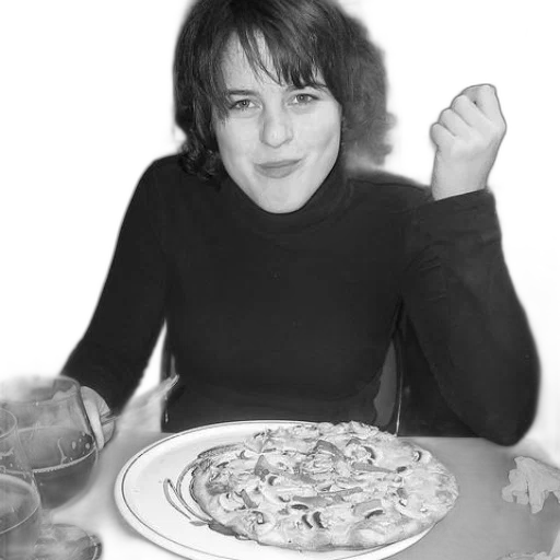 food, face, dress, photorealistic, cartoon, woman, sits, table transparent PNG cut-out