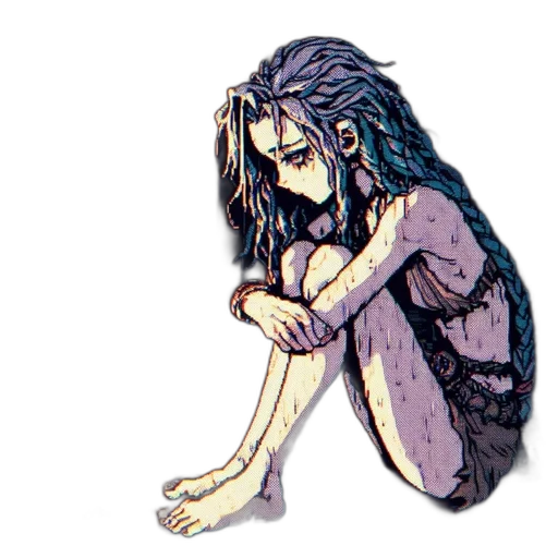 creature, dress, hair, watercolor, concept art, pixel art, comic book art, blue transparent PNG cut-out