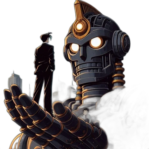 robot, mask, weapon, staff, concept art, fantasy art, comic book art, cyberpunk transparent PNG cut-out