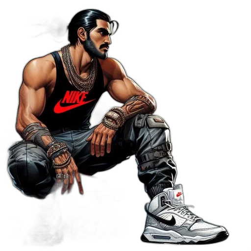 concept art, comic book art, cartoon, cyberpunk, muscular, man, nike, apparel transparent PNG cut-out