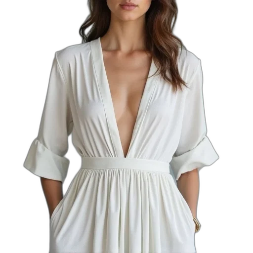 dress, earth tones, monochrome, woman, wearing, white, grey, v-neck transparent PNG cut-out