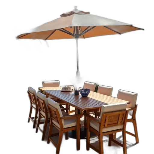 umbrella, furniture, 3d render, photorealistic, patio, wooden, dining, table transparent PNG cut-out