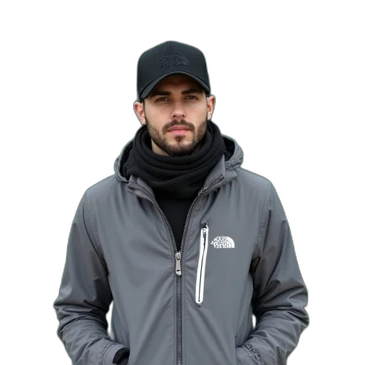 jacket, staff, hat, face, 3d render, photorealistic, monochrome, dark transparent PNG cut-out