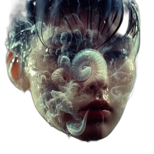 mask, face, hair, creature, photorealistic, cyberpunk, concept art, 3d render transparent PNG cut-out