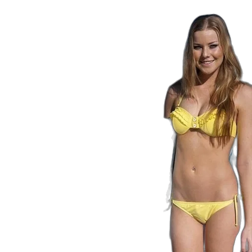 woman, yellow, bikini, stands, beach, holding, white, surfboard transparent PNG cut-out