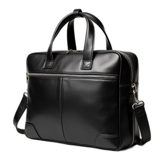 black, leather, briefcase, shiny, finish, silver, zippers, displayed transparent PNG cut-out
