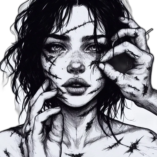 face, mask, hair, creature, photorealistic, pencil sketch, comic book art, fantasy art transparent PNG cut-out