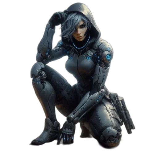 robot, weapon, jacket, concept art, cyberpunk, fantasy art, 3d render, dark transparent PNG cut-out