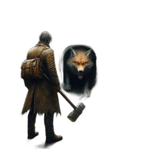 jacket, animal, weapon, concept art, fantasy art, watercolor, comic book art, man transparent PNG cut-out