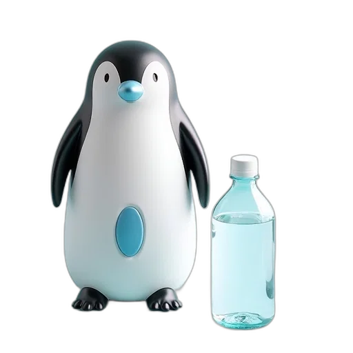 bottle, animal, 3d render, concept art, white, black, penguin-shaped, water transparent PNG cut-out
