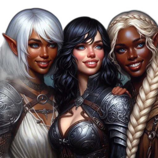 fantasy art, concept art, comic book art, photorealistic, dark, three, female, characters transparent PNG cut-out
